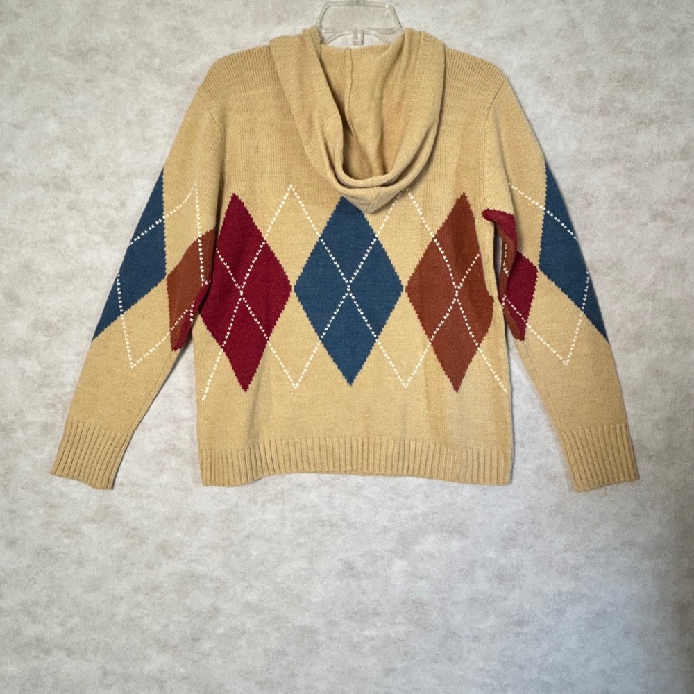 Liz Claiborne Womens Medium Tan Argyle Knit 1/4 Zip Hoodie Sweater - Picture 3 of 9
